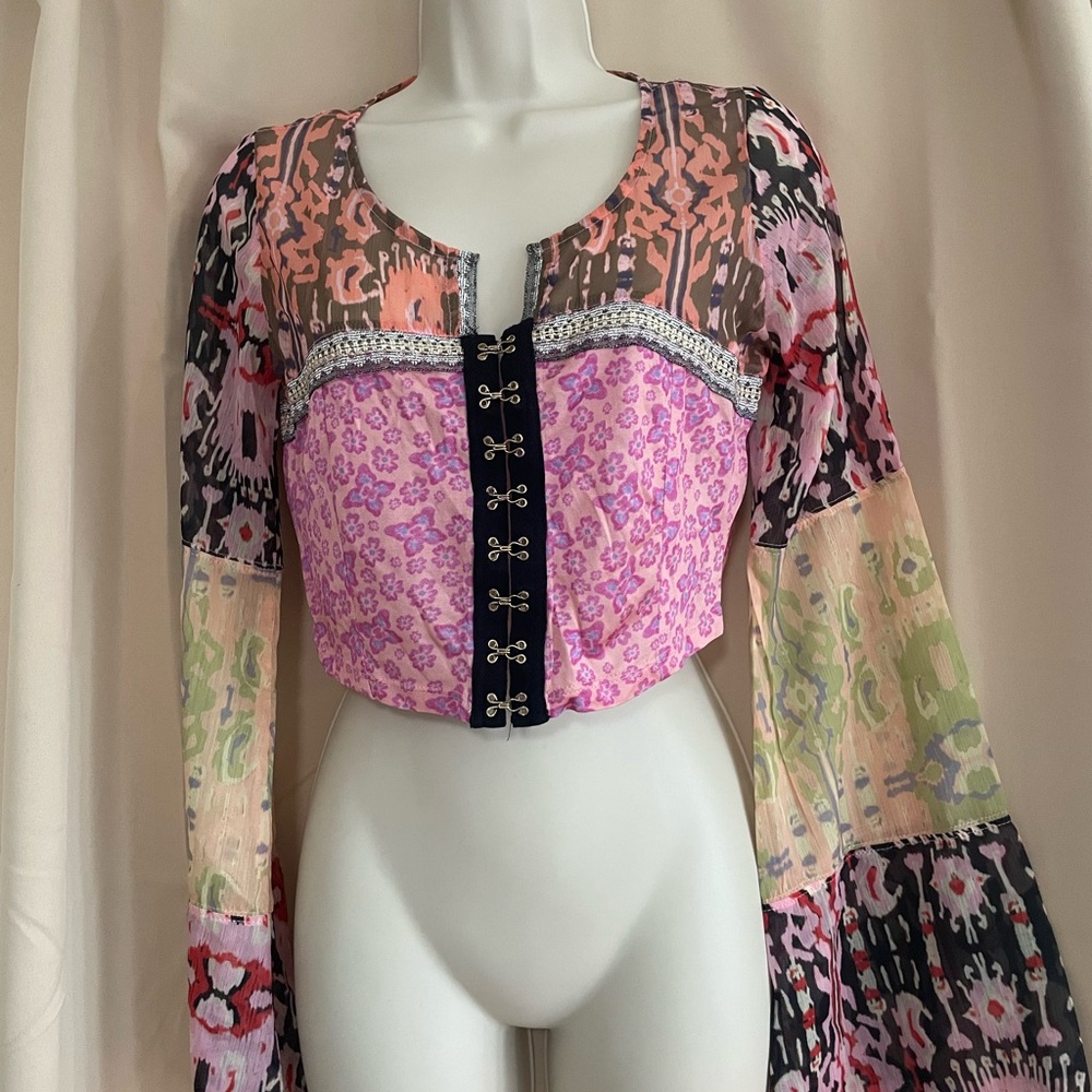 Free People Purple and Pink Graphic Crop Blouse